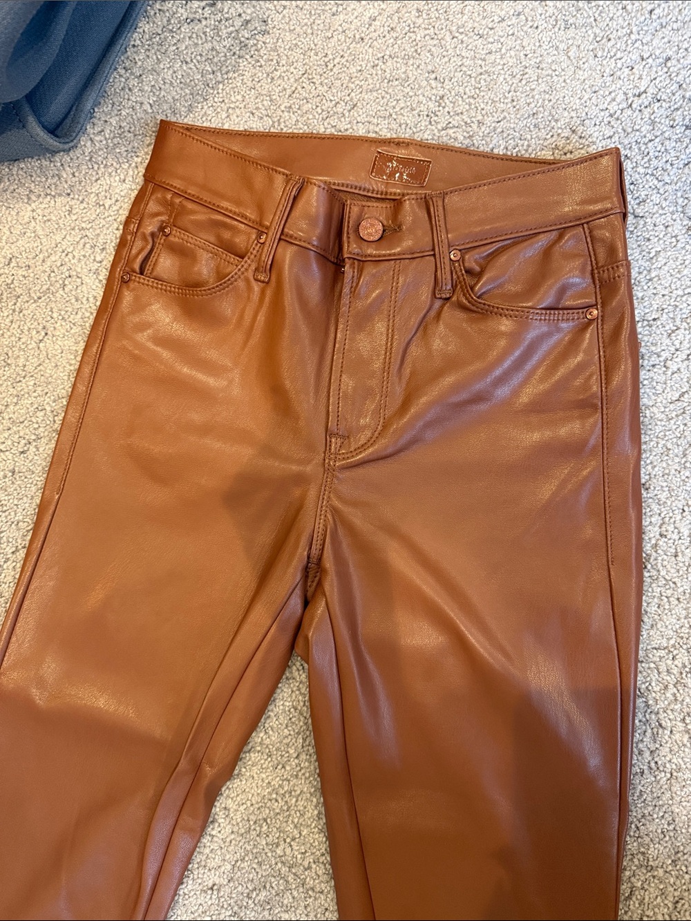 MOTHER Skinny Faux Leather Pants in Cognac Brown - Picture 1 of 1